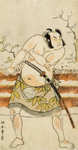 Two Japanese prints: Lot consists of: Shunshoo, Japanese print: Actor Sakata Hangoro II as Sumo-wrestler Narihira, Print - 10 3/4 X 5 1/2 inches