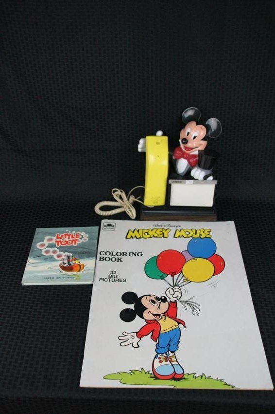 Mickey Mouse vintage telephone with coloring book: Mickey Mouse vintage telephone with coloring book, Largest book H:19.5"