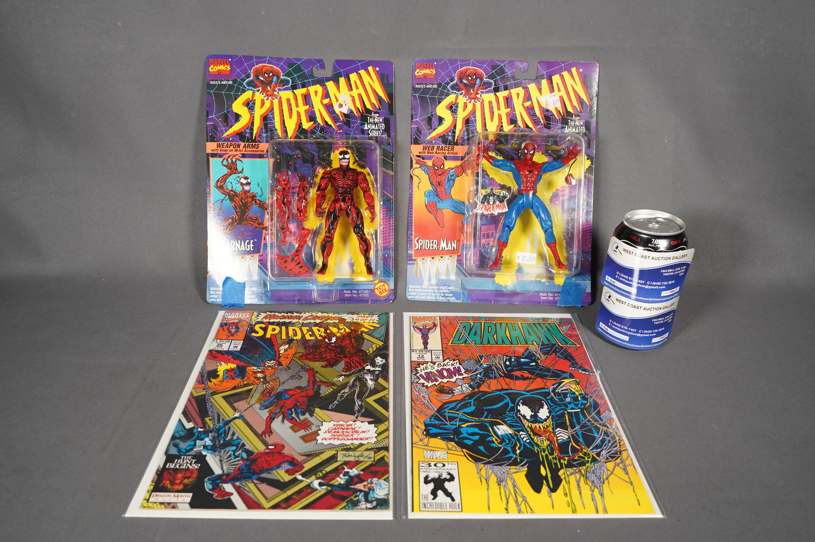Spiderman comic and toys: Vintage Spiderman comics and toys, Spiderman and Carnage action figures.
