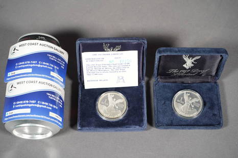 2 pcs 1 oz liberated coins: 2 pieces one oz .999 fine silver dated 1986 and 1987 proof liberated coins. Each weights one trov ounce.