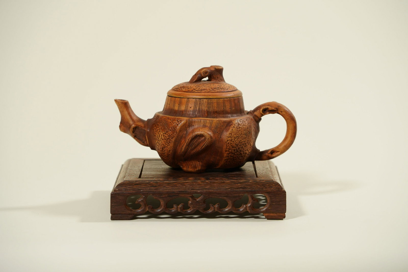 Chinese fine teapot: Chinese fine clay teapot, with unusual shape. Maker's mark at the bottom. H: 4.6" x W: 7.5"