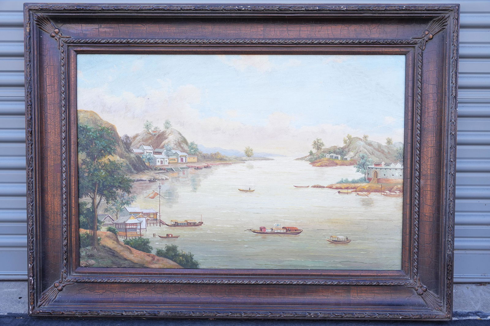 Fine framed oil painting: Fine framed oil painting, scene of mountain and ocean. H: 33.5" x W: 45.5"