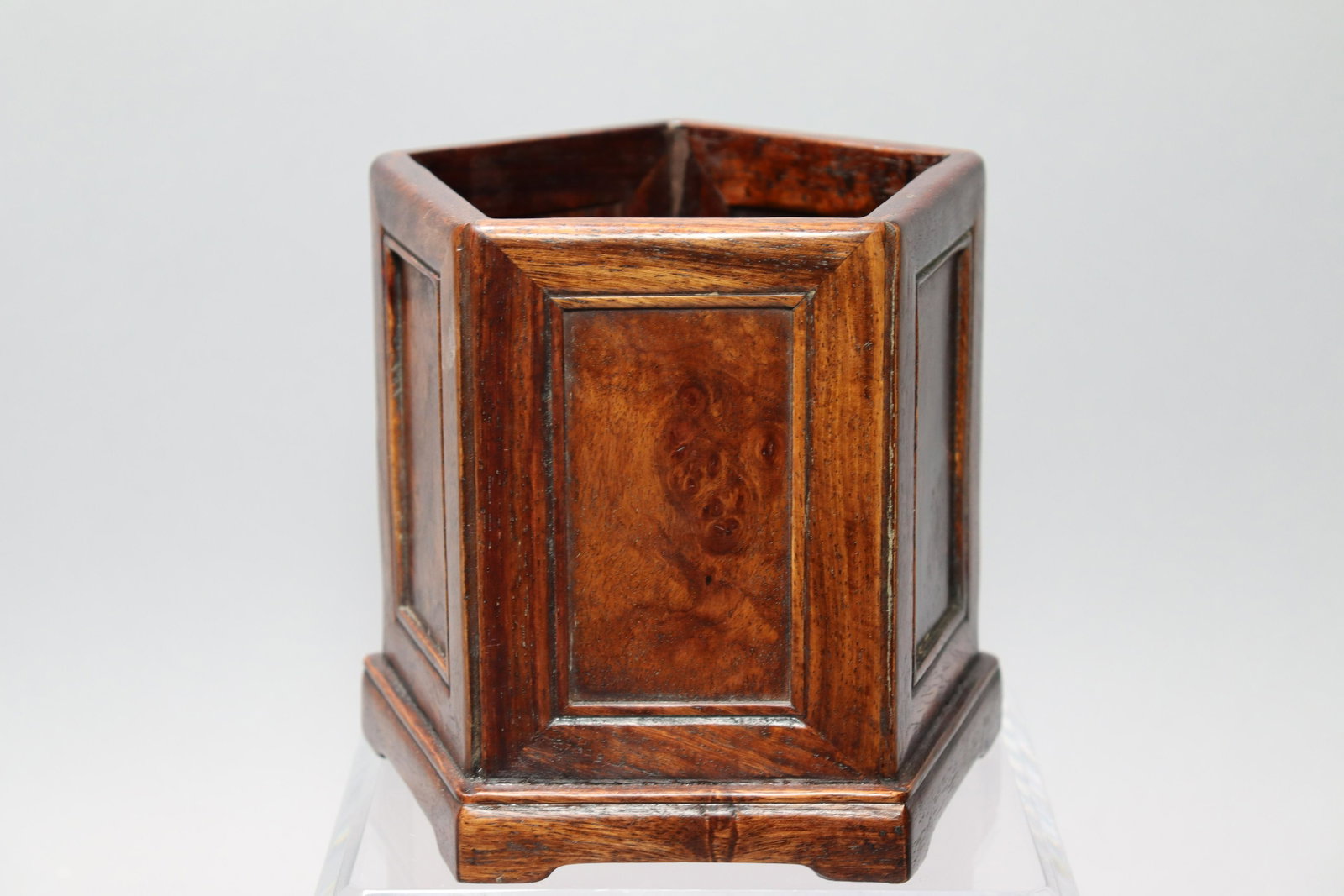 Chinese wooden brush pot: Chinese finely wooden carved brush pot. H: 6" x W: 6.5."