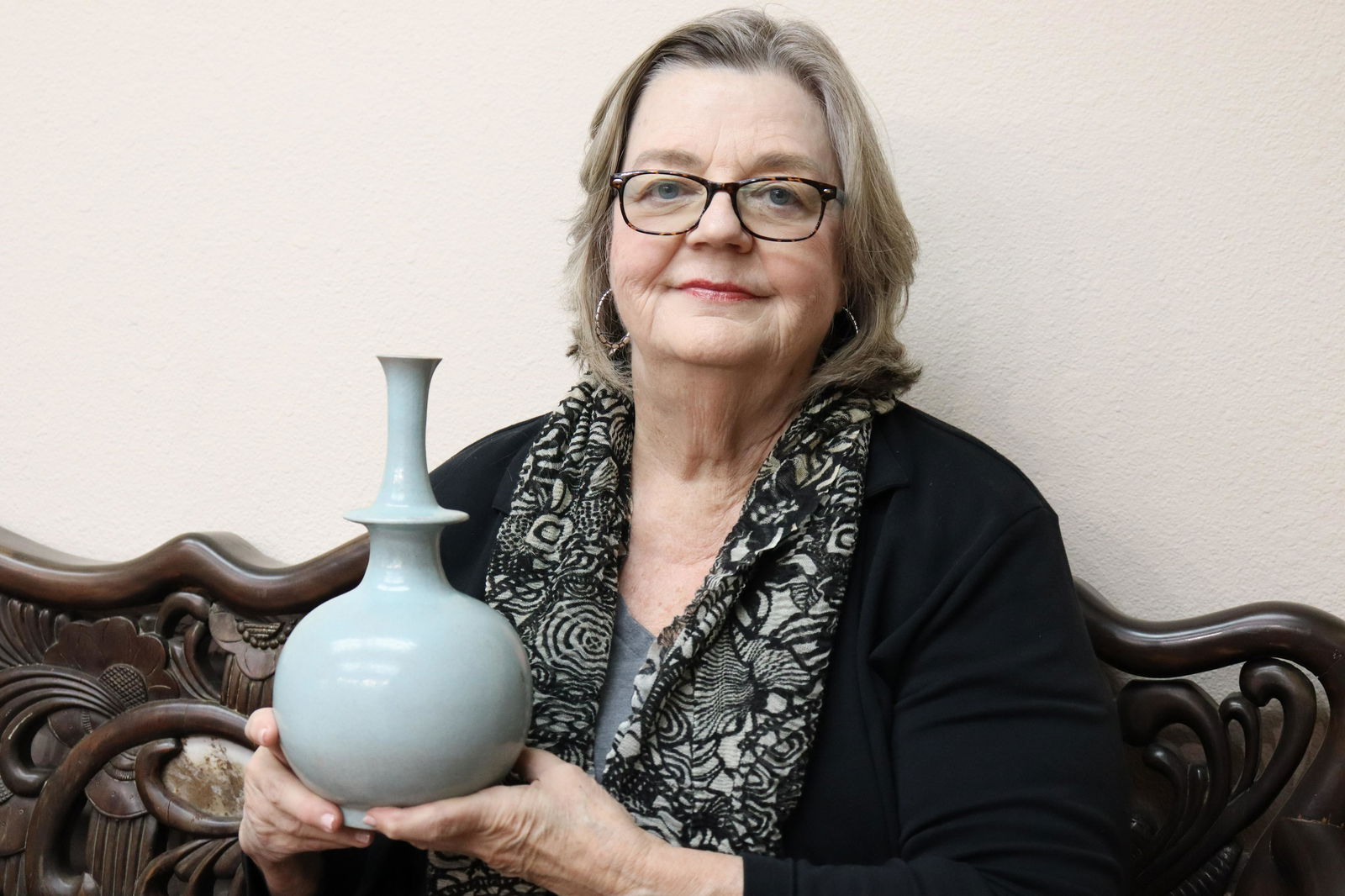 Chinese celadon vase: Chinese vintage celadon glaze vase. H: 10.6" x W: 5.75." Estate of Yorba Linda.