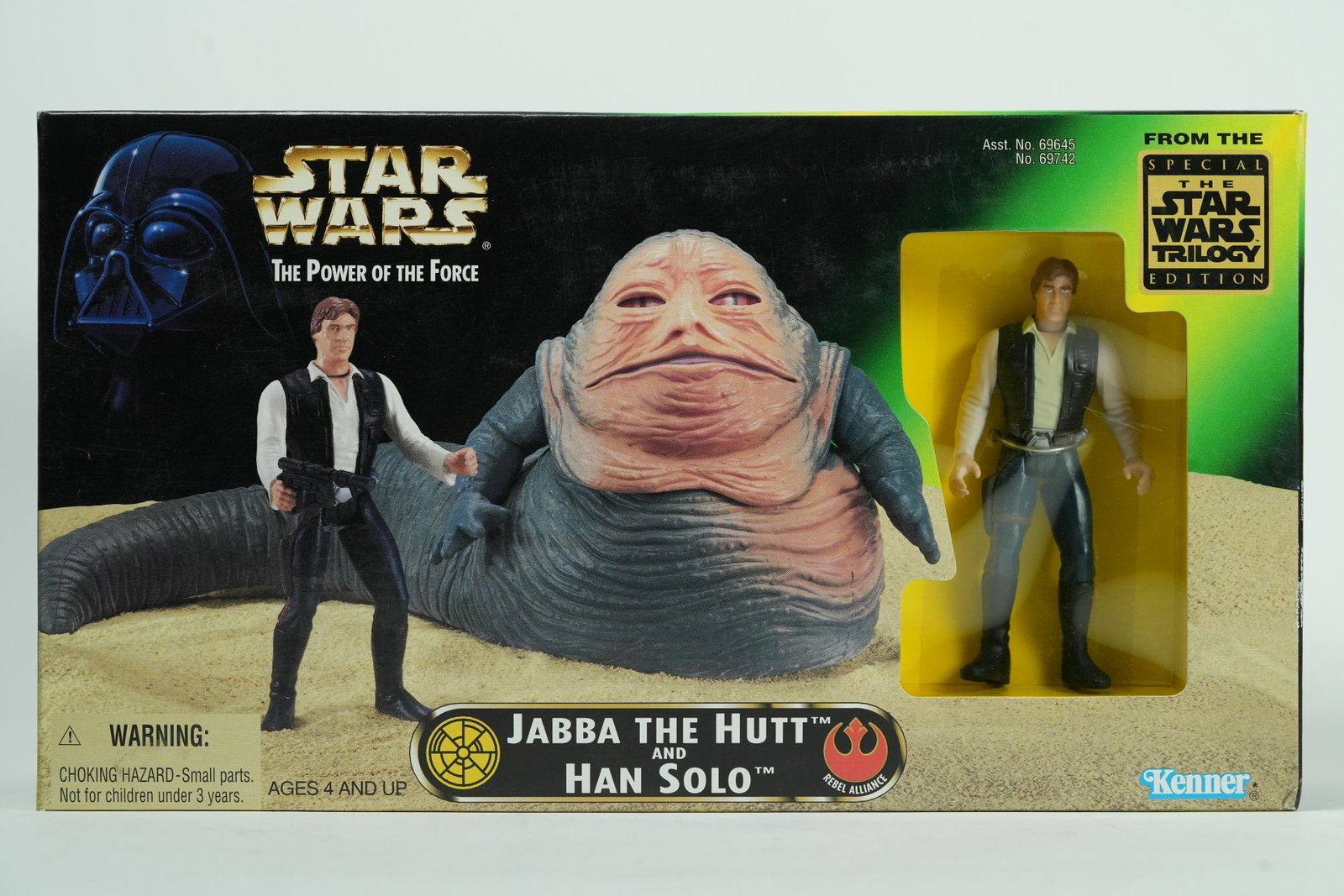 Jabba Han Solo action figure: Jabba The Hutt and Han Solo Star Wars action figure. H: 6.2" x W: 11."