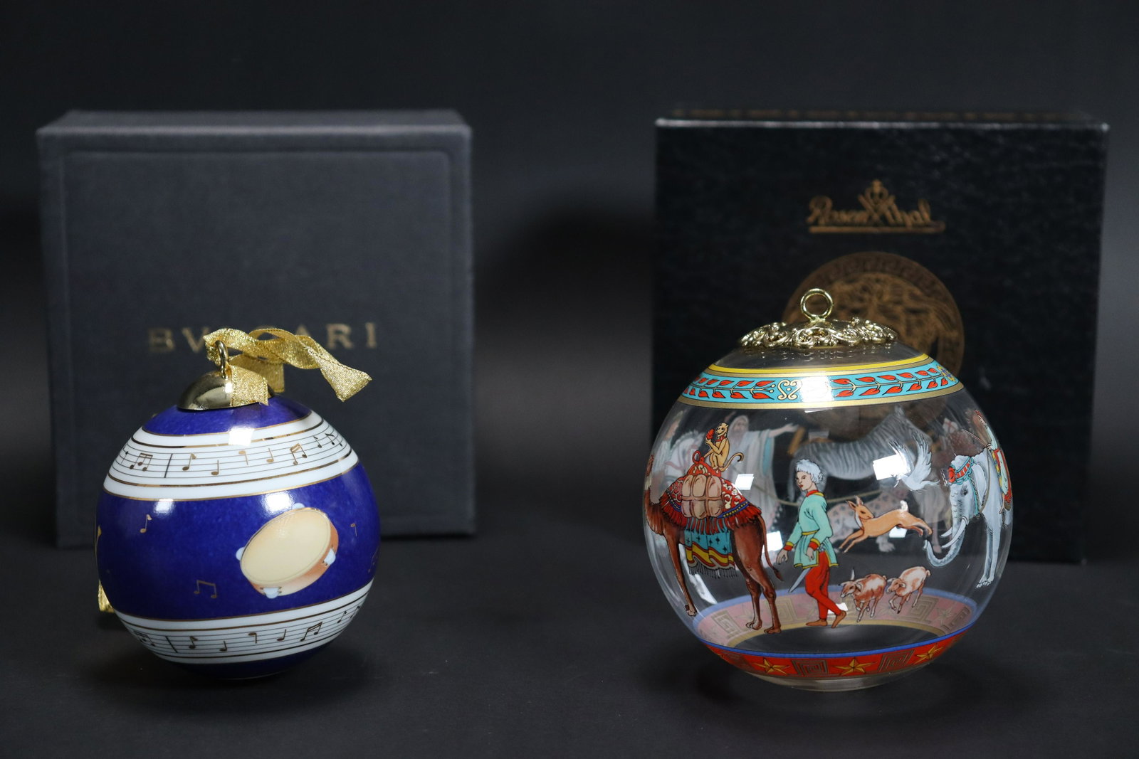 Bvlgari Rosenthal fine ornaments: Bvlgari and Rosenthal fine ornaments, with original box. Largest H: 4.15" x W: 4."
