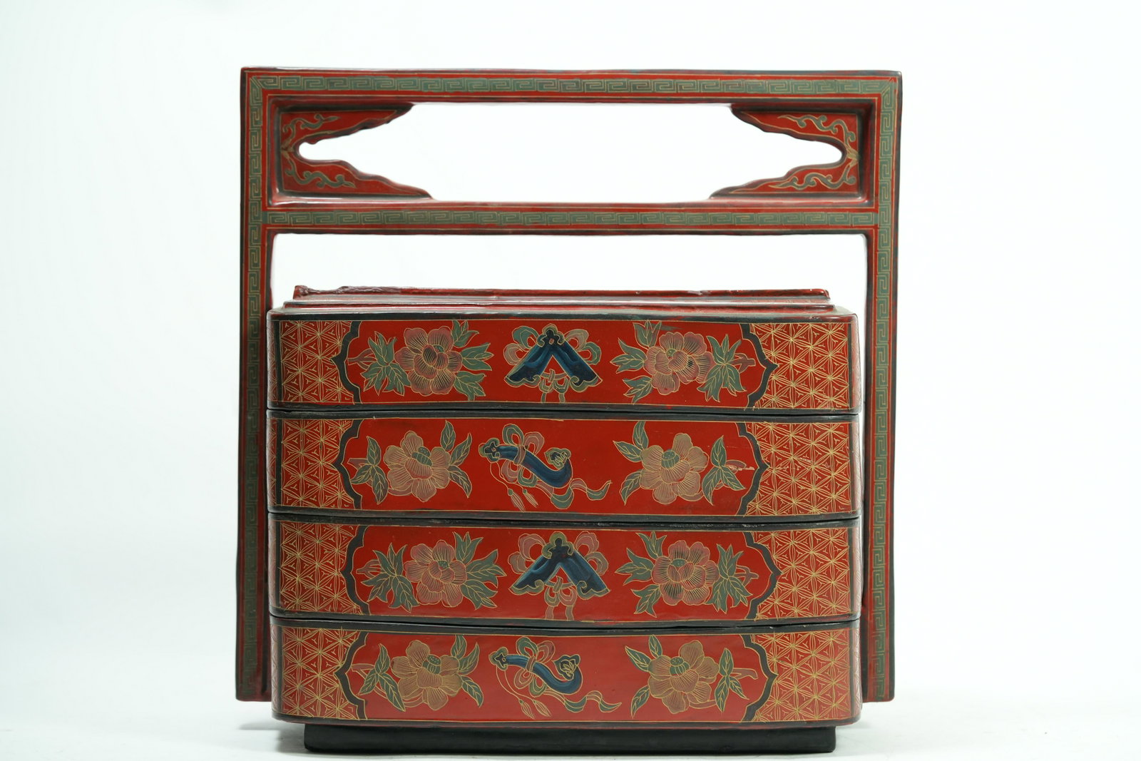 Chinese lacquered wood basket: Chinese vintage lacquered gilted handled basket. H: 12.75" x W: 12.75."