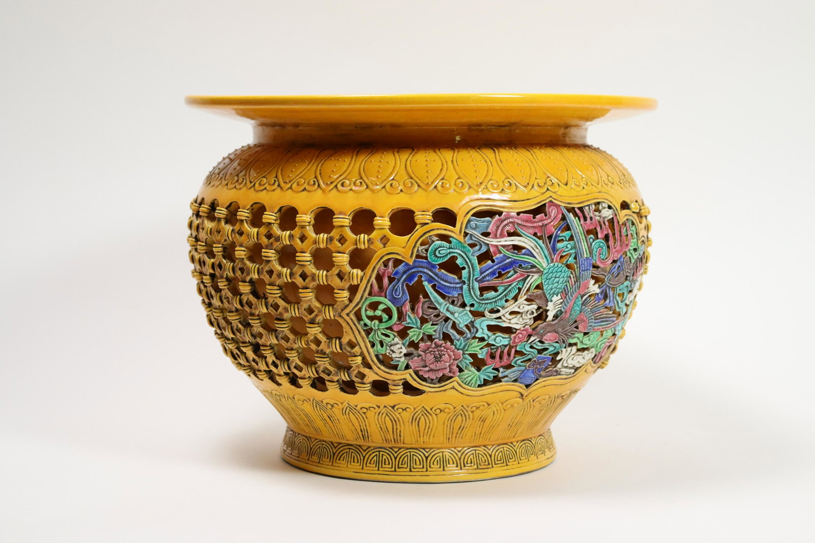 Chinese fine carved pot: Chinese finely carved pot with fine details. H: 11" x W: 15."