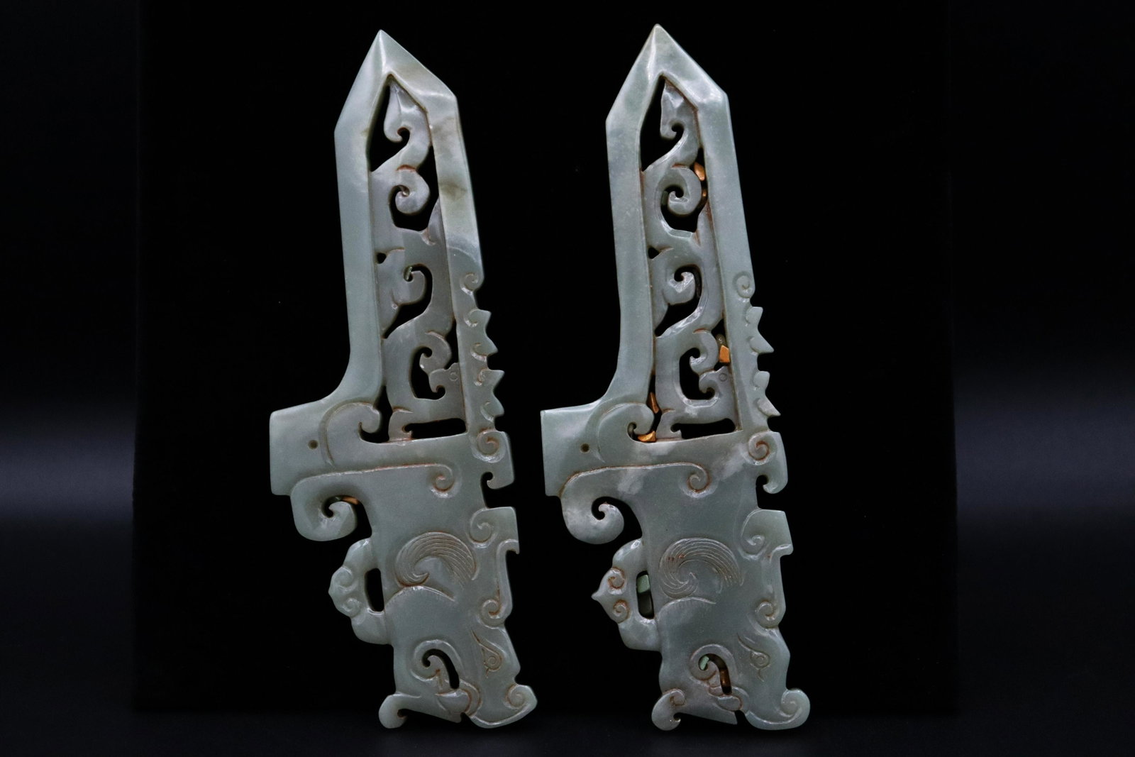2 pcs Chinese jade ornaments: 2 pcs Chinese jade carved ornaments. Largest L: 6.75" x W: 2.35."