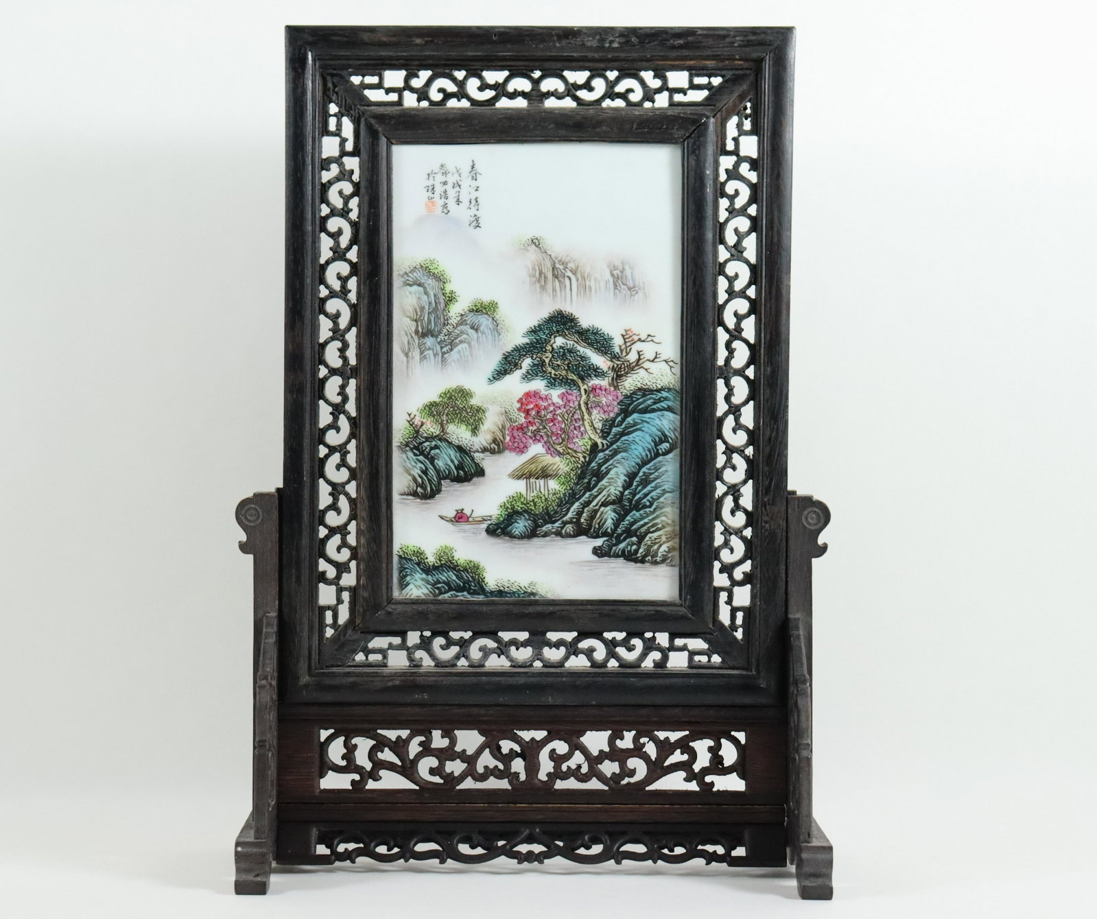 Chinese framed porcelain tile: Chinese framed porcelain tile. H: 17.75" x W: 12.15."