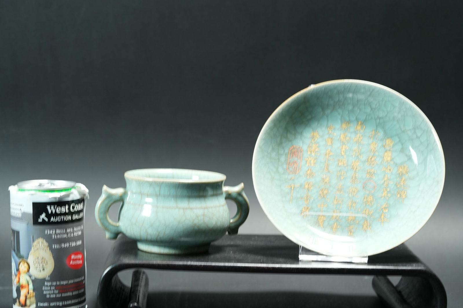 2 pcs Chinese crackled items: 2 pcs Chinese celadon crackled porcelain items. Largest D: 6.8."