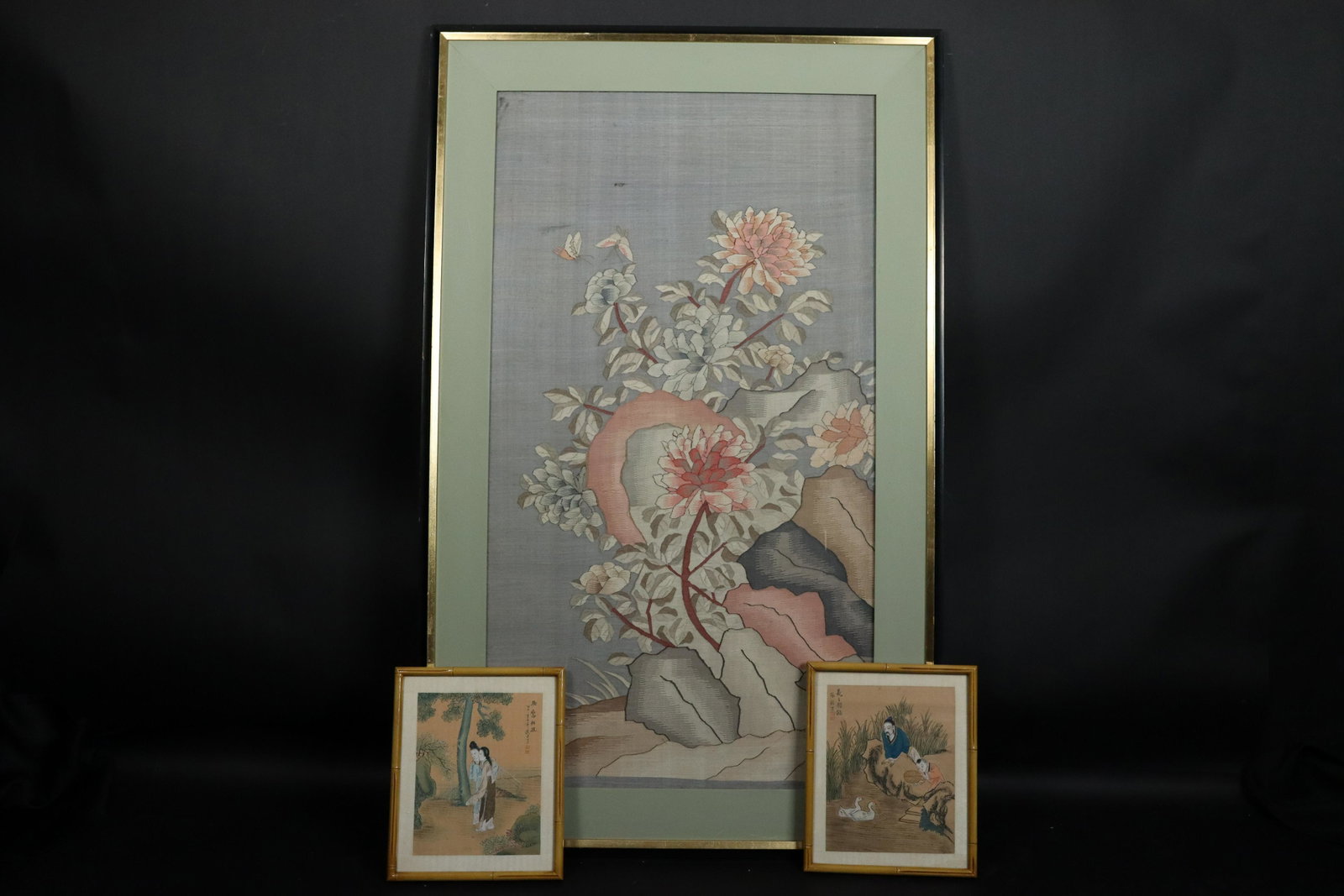 3 pcs Chinese framed art: 3 pcs Chinese framed art, one of the larger framed is embroidery. Largest H: 45" x W: 28."