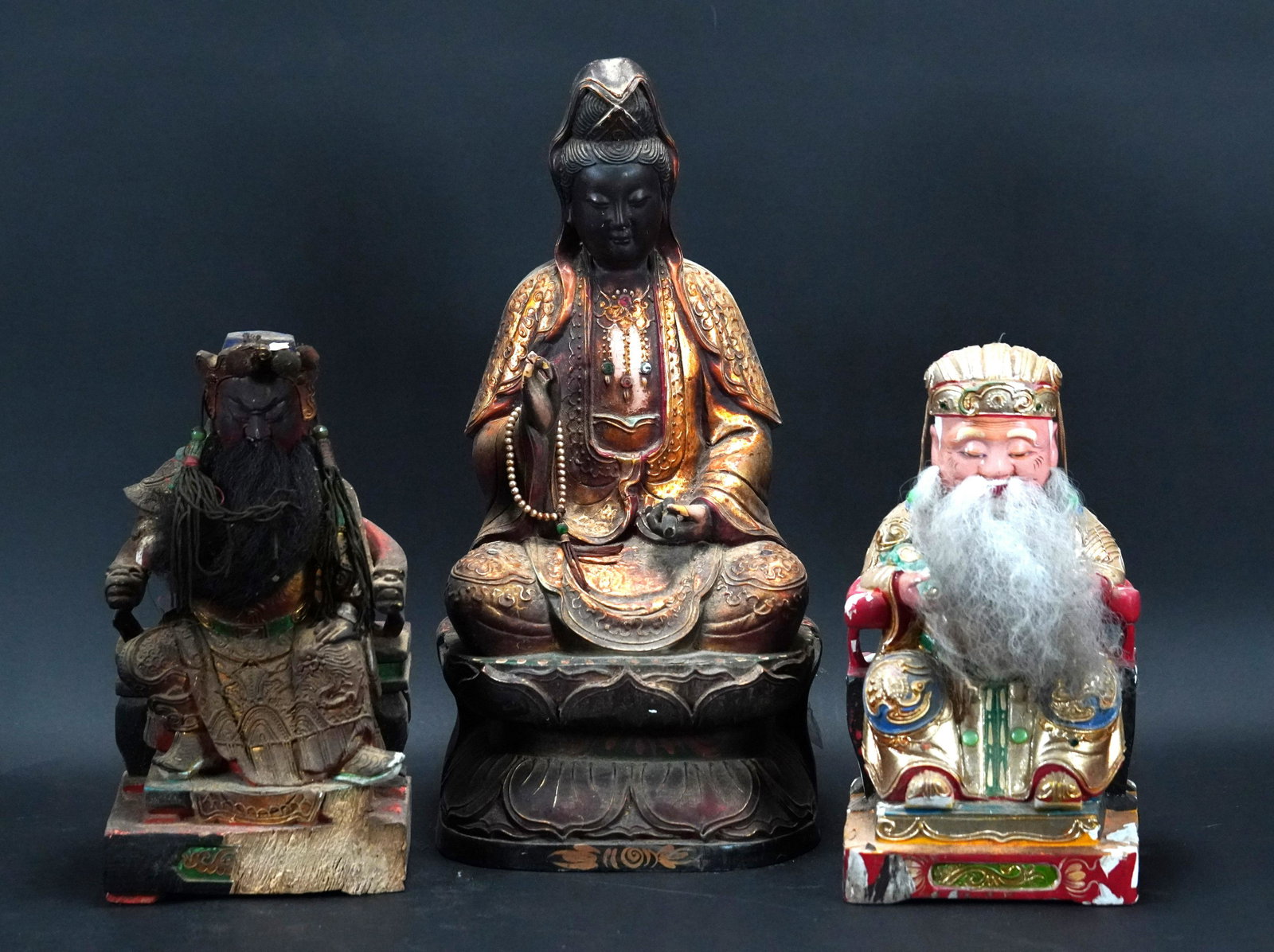 3 pcs Chinese camphor wood statues: 3 pcs Chinese camphor wood carved statues, estate of a major temple. Largest H: 15.5" x W: 7.5."