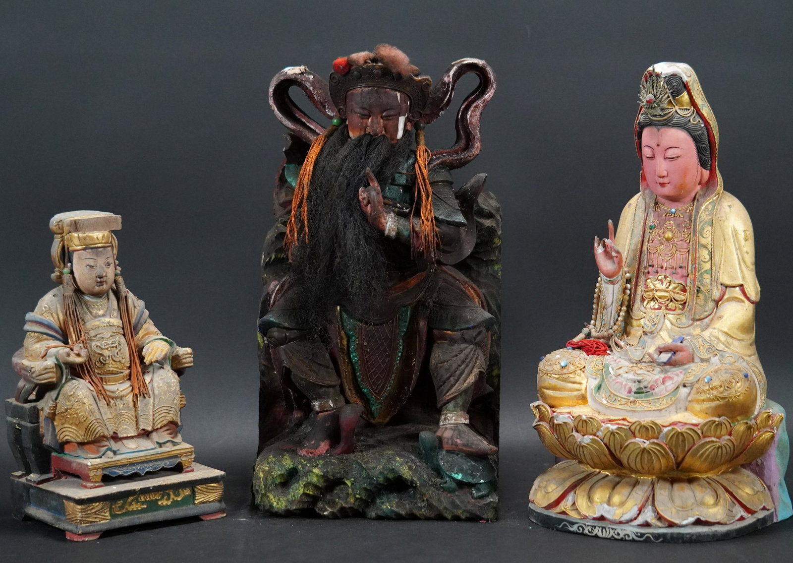 3 pcs Chinese camphor wood statues: 3 pcs Chinese camphor wood statues. Estate of a major temple. Largest H: 16" x W: 8.45." Condition selling it as is.