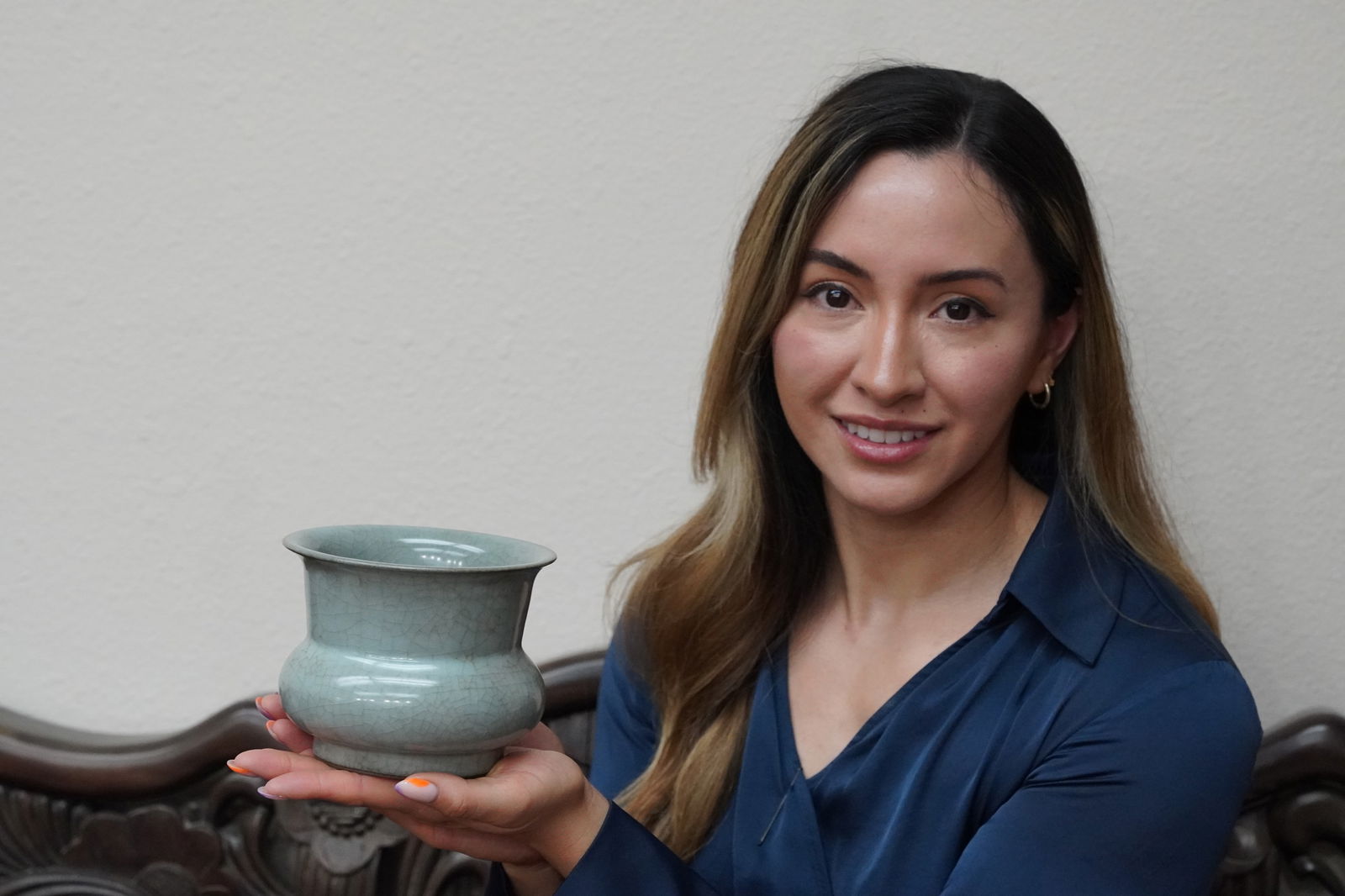 Chinese celadon pot: Chinese celadon porcelain pot. H: 4.25" x W: 5.25."