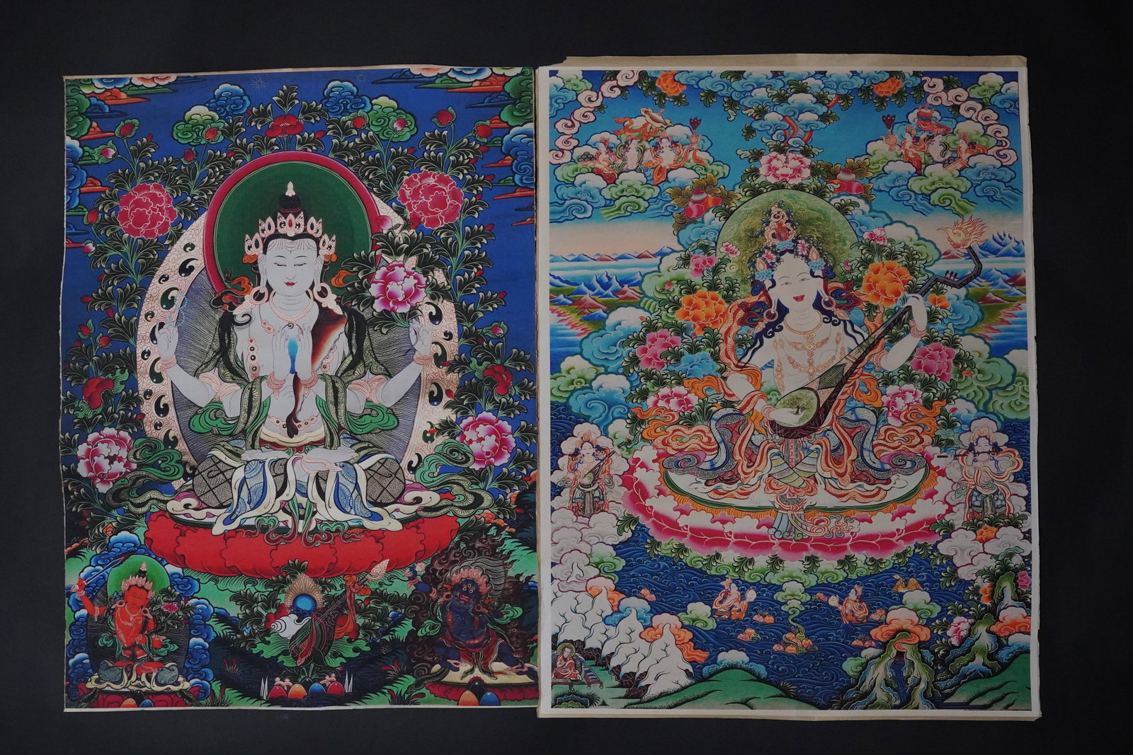 2 pcs Tibetan thangka: 2 pcs Tibetan thangka. Largest H: 35.75" x W: 27.25."