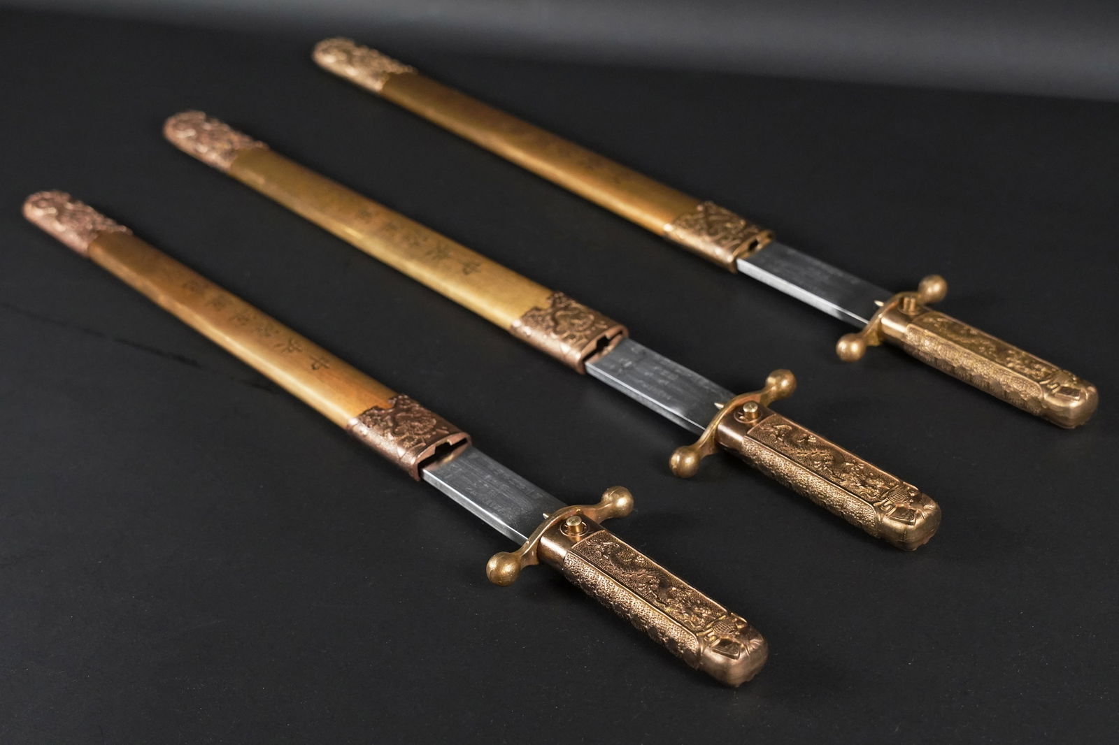 3 pcs Chinese fine dagger: 3 pcs Chinese fine daggers. Largest L: 18" x W: 3."
