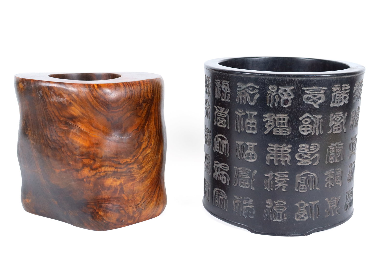 2 pcs Chinese wooden brush pot: 2 pcs Chinese wooden brush pot. Largest H: 7.5" x W: 7.5."