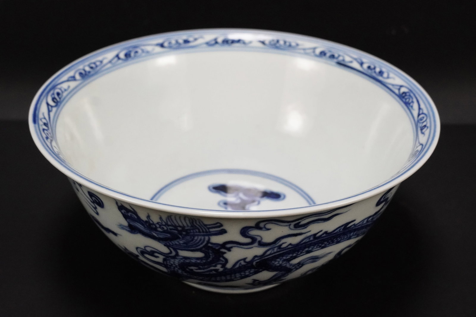 Chinese large b/w bowl: Chinese large blue and white bowl. H: 4" x W: 8.5."