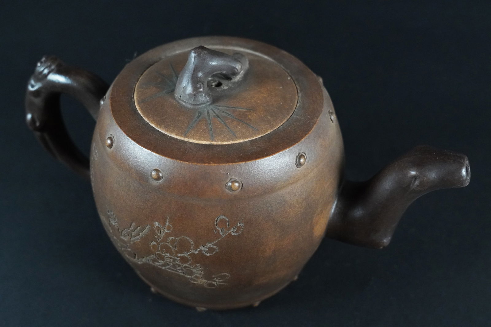 Chinese carved clay teapot: Chinese carved clay teapot. Estate of Japanese collector. H: 4.25" x W: 8."