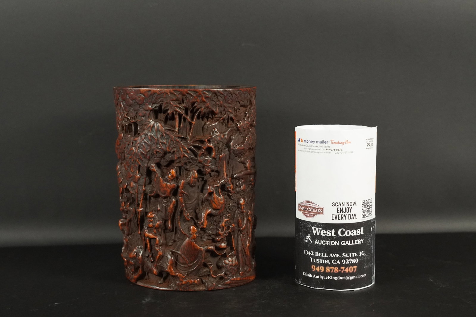 Chinese fine brush pot: Chinese fine brush pot with fine carvings. H: 6.5" x W: 4.75."