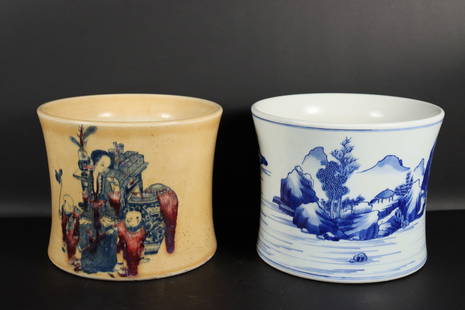 2 Chinese brush pot: 2 Chinese porcelain brush pot. H: 6.5" x W: 7.9."