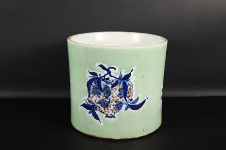 Chinese fine brush pot: Chinese fine porcelain brush pot. H: 7" x W: 7.75."