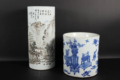 2 Chinese brush pots: 2 Chinese fine porcelain brush pots. One of the brush pot bottom has long hairline. H: 11" x W: 4.75."