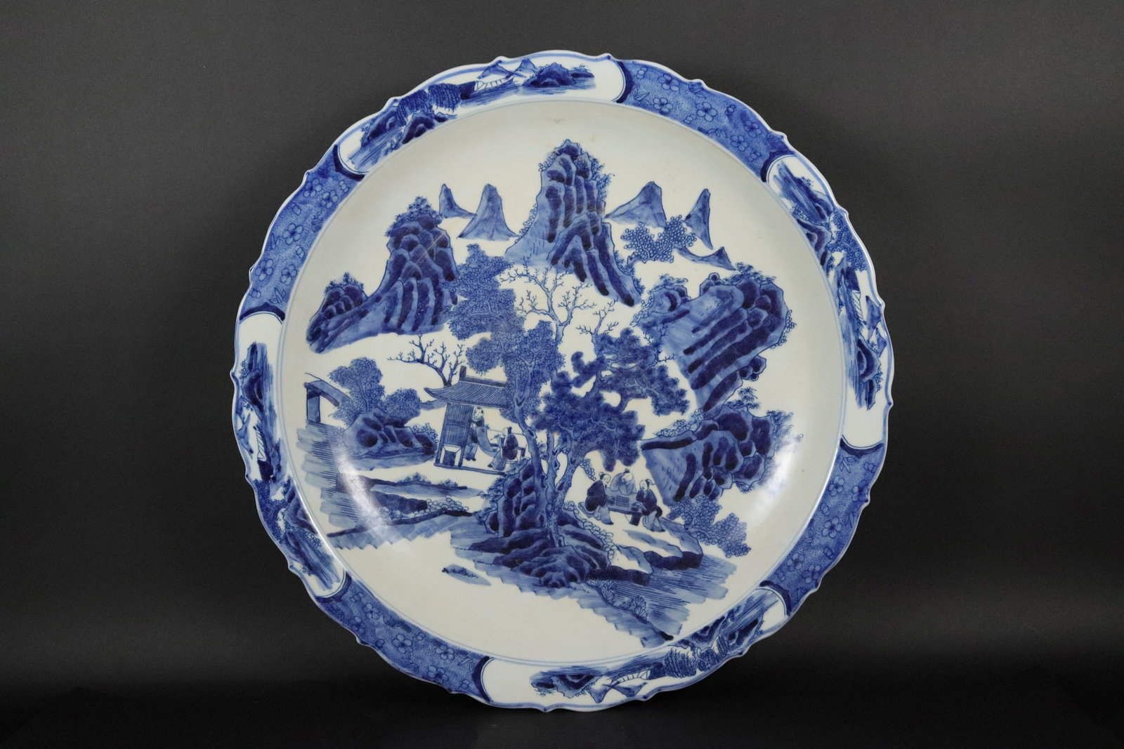 Chinese fine b/w charger: Chinese fine blue and white charger plate. H: 2.95" x W: 17.5."