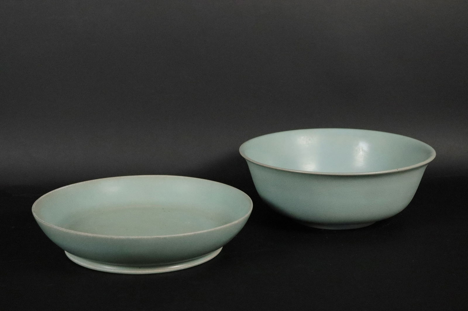 2 Chinese celadon porcelains: 2 Chinese fine celadon glaze porcelains. Largest H: 2.75" x W: 7.5."