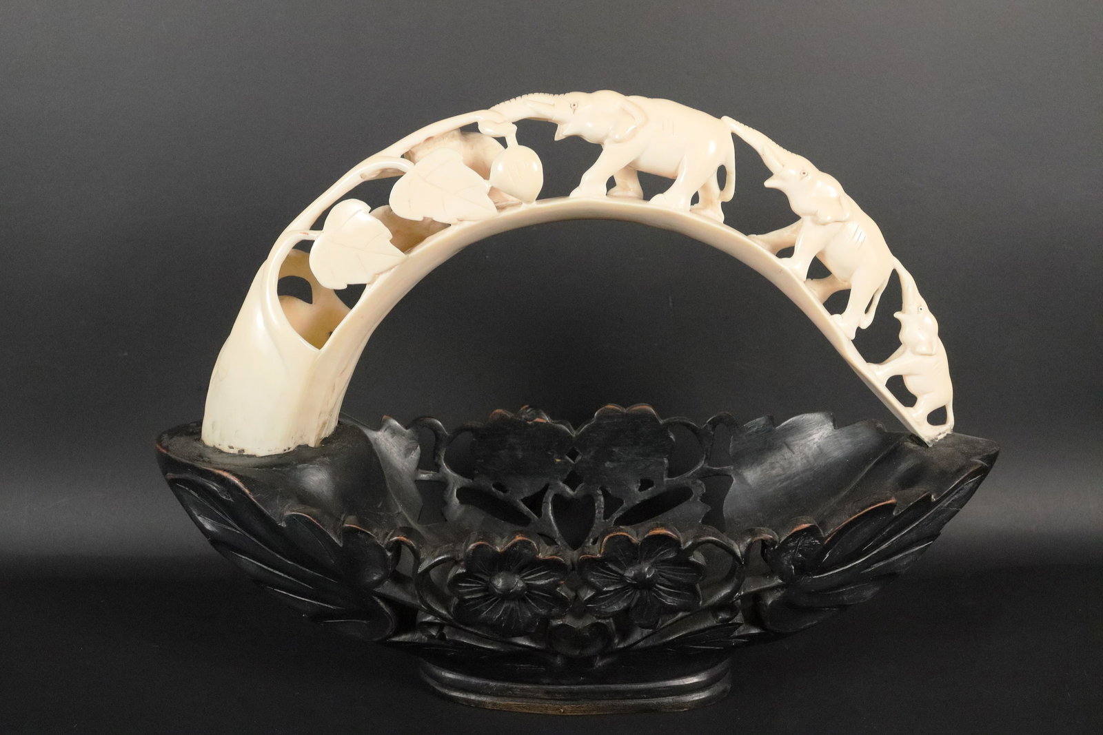 Chinese bone carved basket: Chinese bone carved fine basket. H: 11.2" x W: 15."