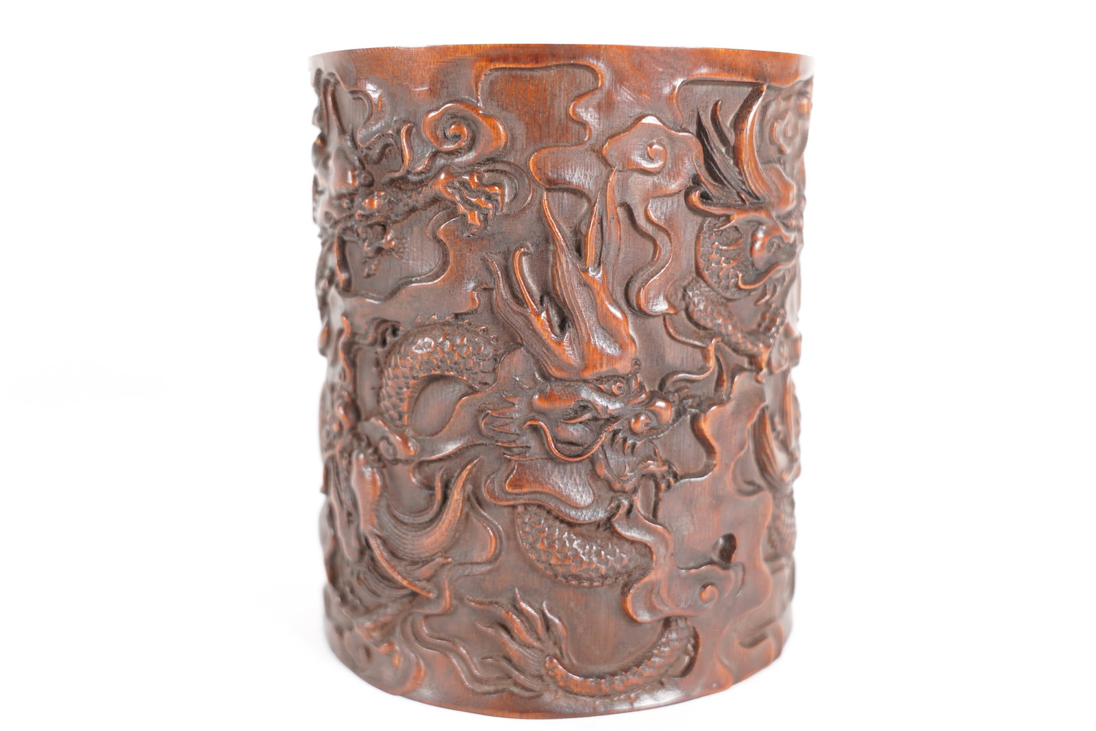 Chinese finely carved brush pot: Chinese finely carved brush pot. H: 6" x W: 5.25."