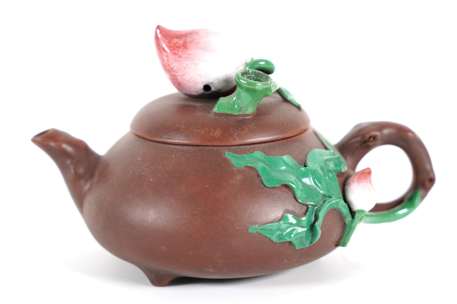 Chinese peach clay teapot: Chinese peach fine clay teapot. H: 4.5" x W: 7."