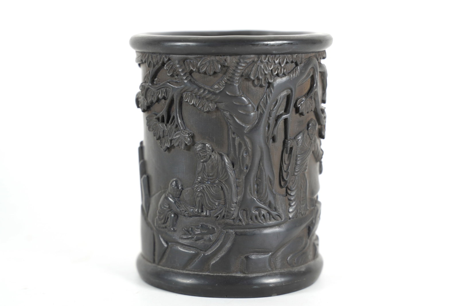 Chinese hardwood brush pot: Chinese hardwood brush pot. H: 5.6" x W: 4.5."