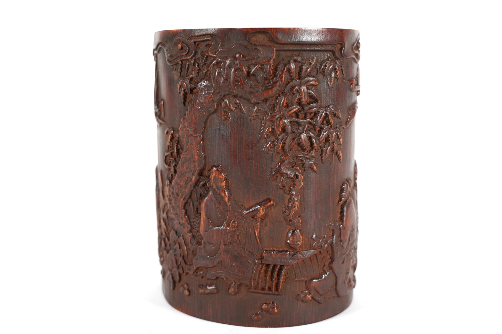 Chinese wooden brush pot: Chinese fine wooden brush pot. H: 6.5" x W: 5.1."