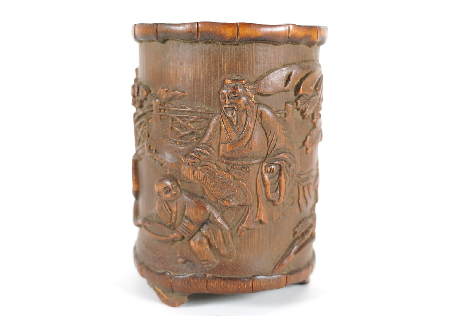 Chinese wooden brush pot: Chinese fine wooden brush pot. H: 6.5" x W: 4.8."