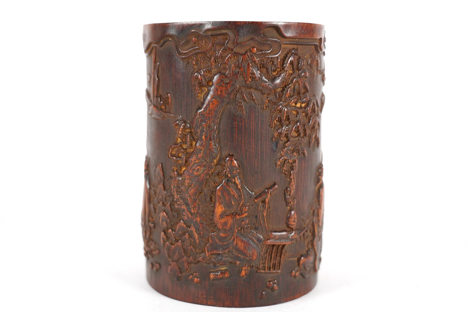 Chinese fine brush pot: Chinese fine wooden carved brush pot. H: 6.6" x W: 4.75."