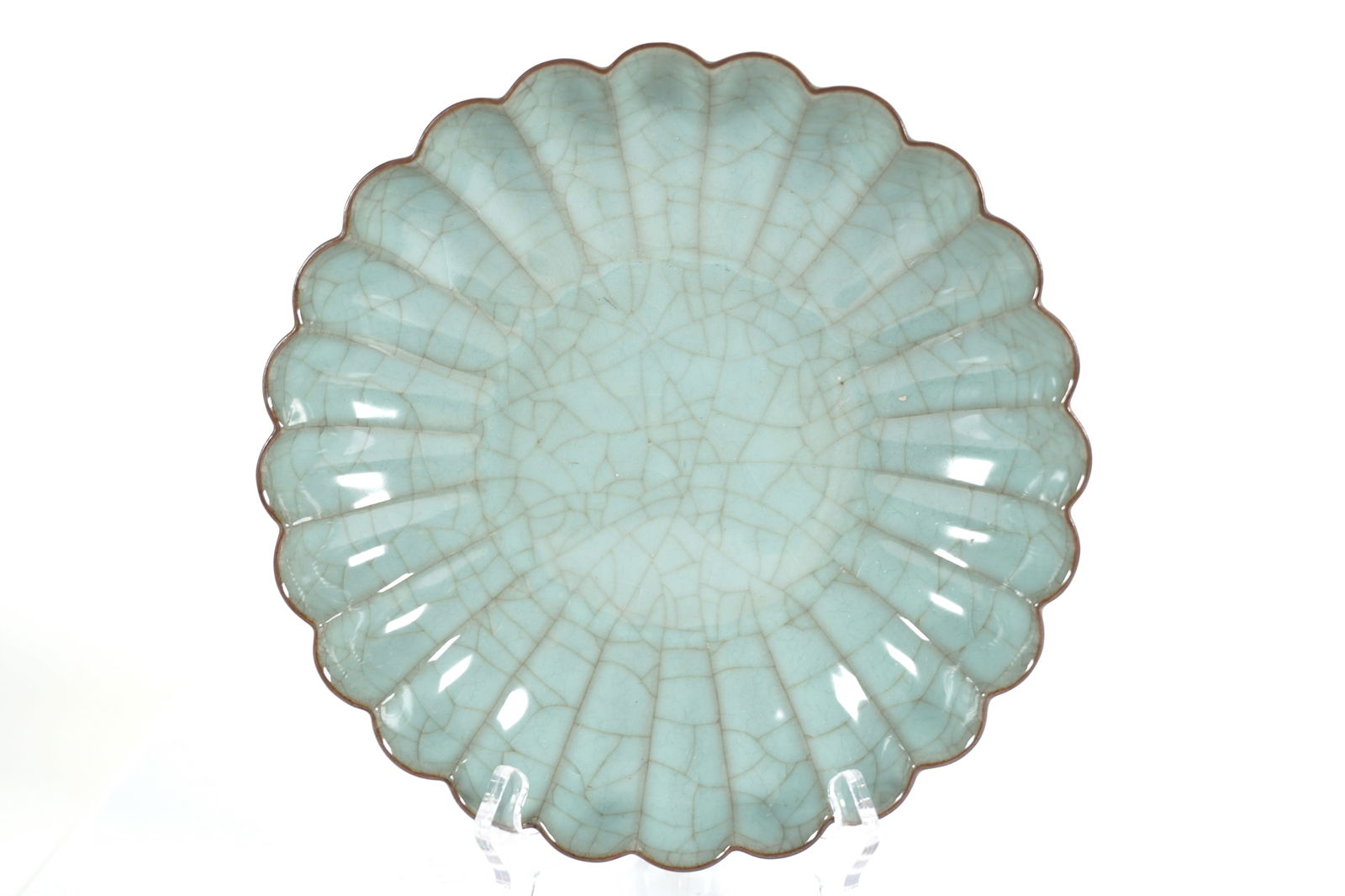 Chinese crackled dish: Chinese fine celadon glaze crackled dish. H: 2.4" x W: 9.5."