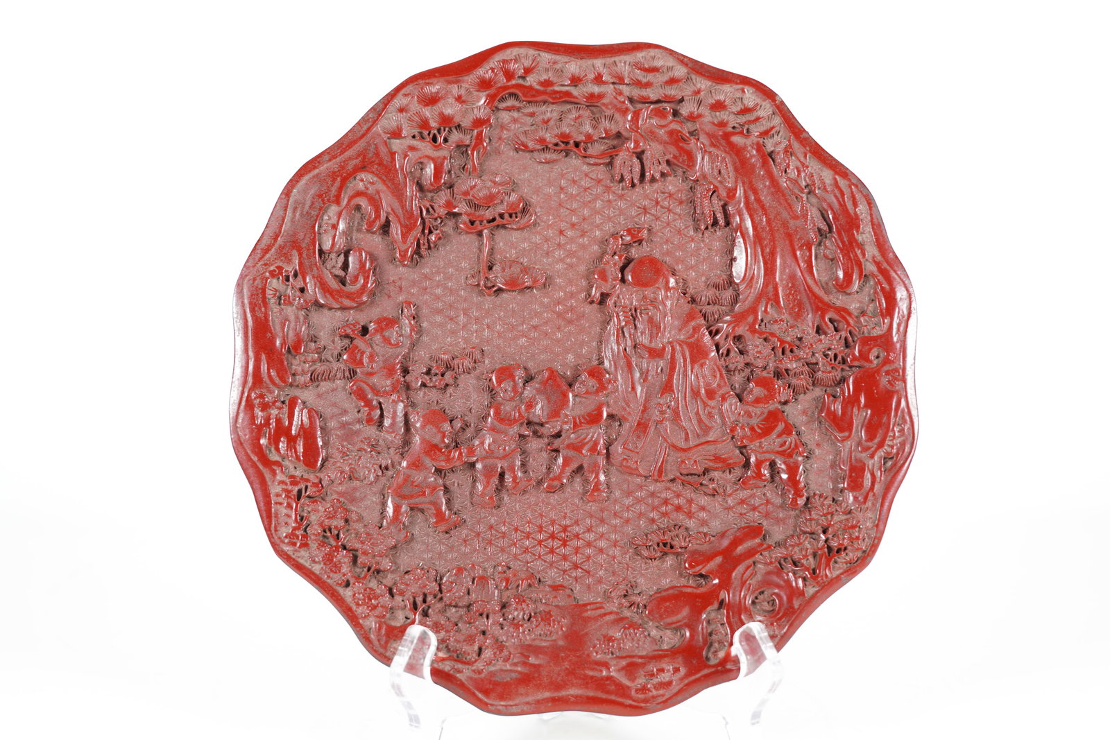 Chinese cinnabar plate: Chinese large fine cinnabar plate. H: 0.75" x W: 10.2."