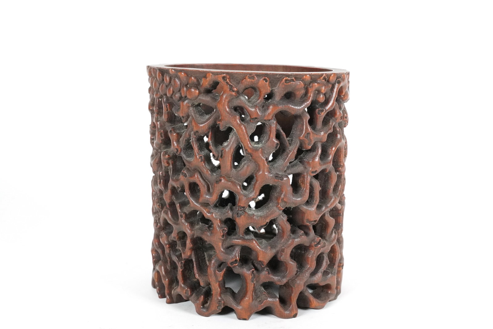 Chinese wooden brush pot: Chinese wooden fine brush pot. H: 6.1" x W: 5.25."