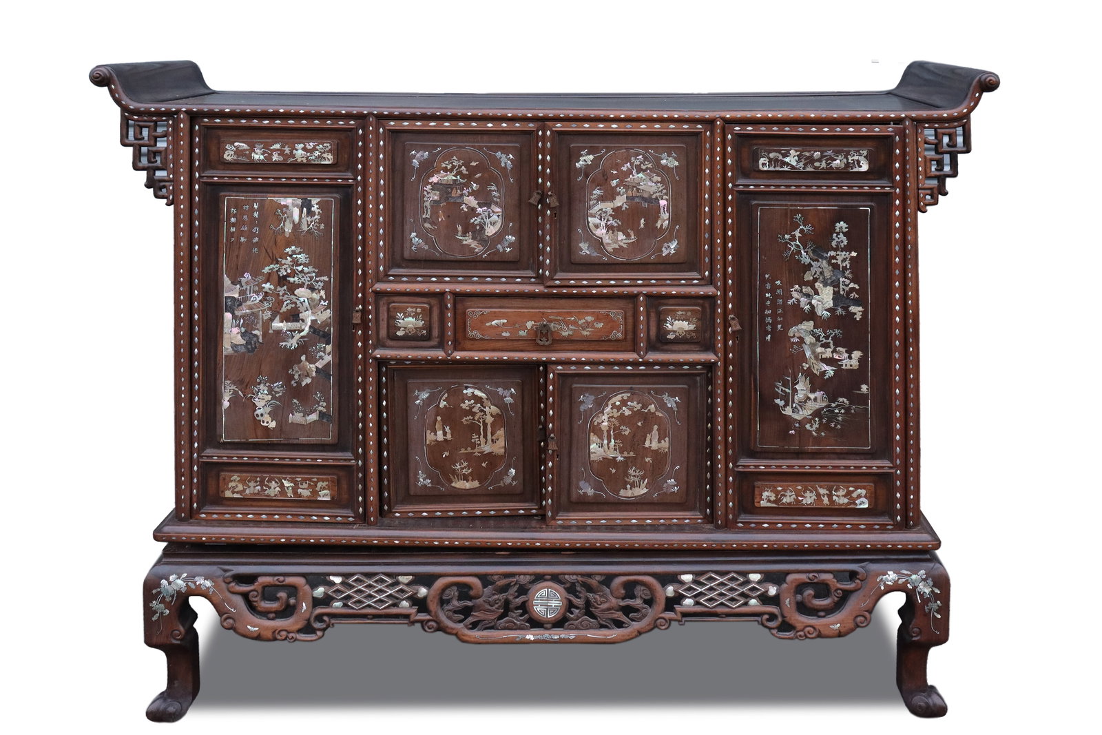 Chinese fine cabinet: Chinese fine inlaid rosewood cabinet. Coler collection, estate of Beverly Hills. Condition selling it as is. Missing pieces of inlaid. H: 51.5" x W: 64.5."