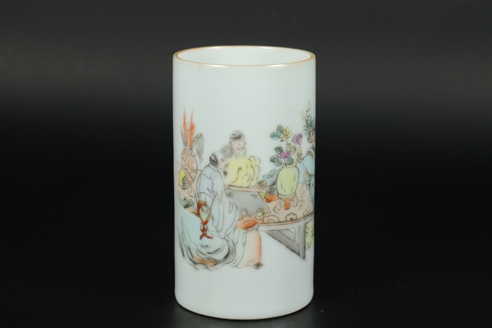 Chinese fine brush pot: Chinese fine brush pot, top has minor hairline. H: 4.75" x W: 2.6."