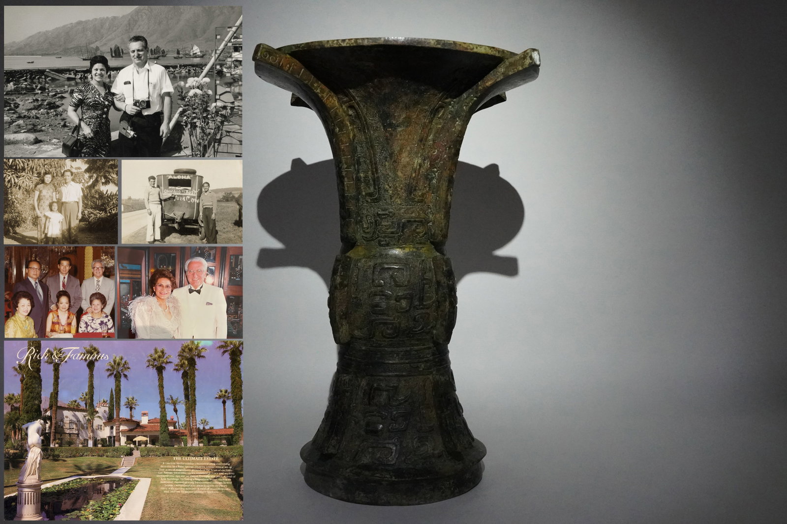 Chinese bronze tall vessel: Chinese fine bronze carved vessel. Coler collection, estate of Beverly Hills. H: 14" x W: 12."