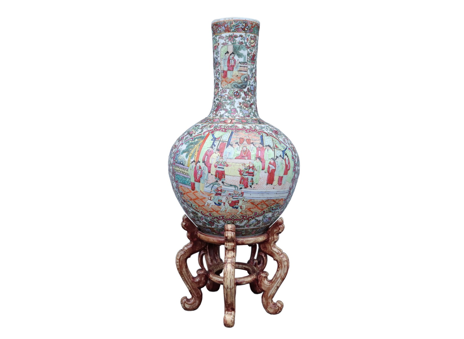 Chinese large fine vase: Chinese large fine vase, with original wooden stand. H: 29" x W: 19."