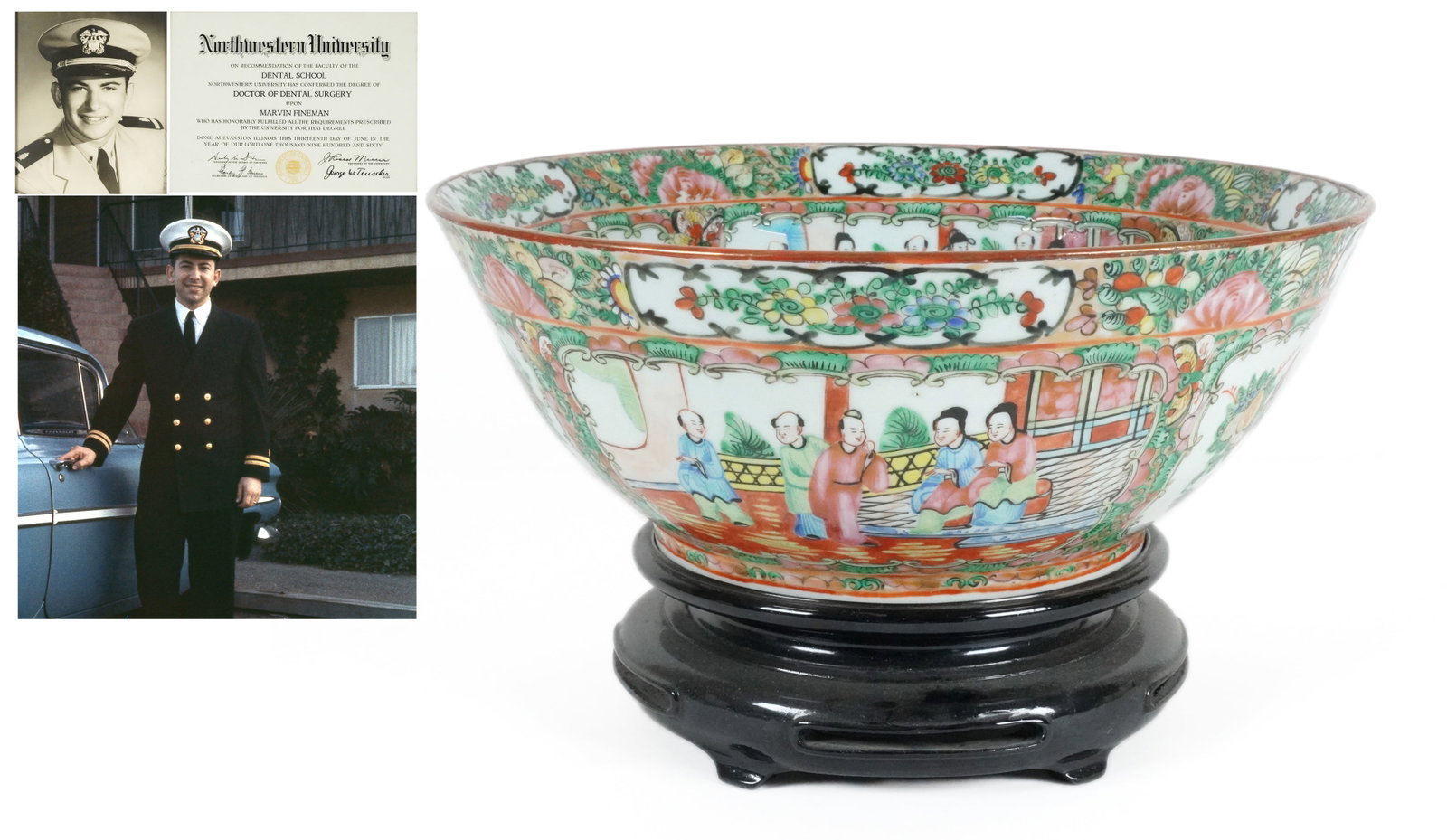 Chinese large fine bowl: Chinese large fine bowl, with wooden stand. Navy veteran estate. H: 4.5" x W: 11.1."