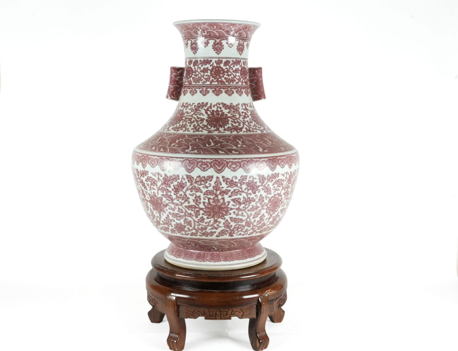 Chinese massive floral vase: Chinese fine massive copper red handled vase. H: 22" x W: 14.5."