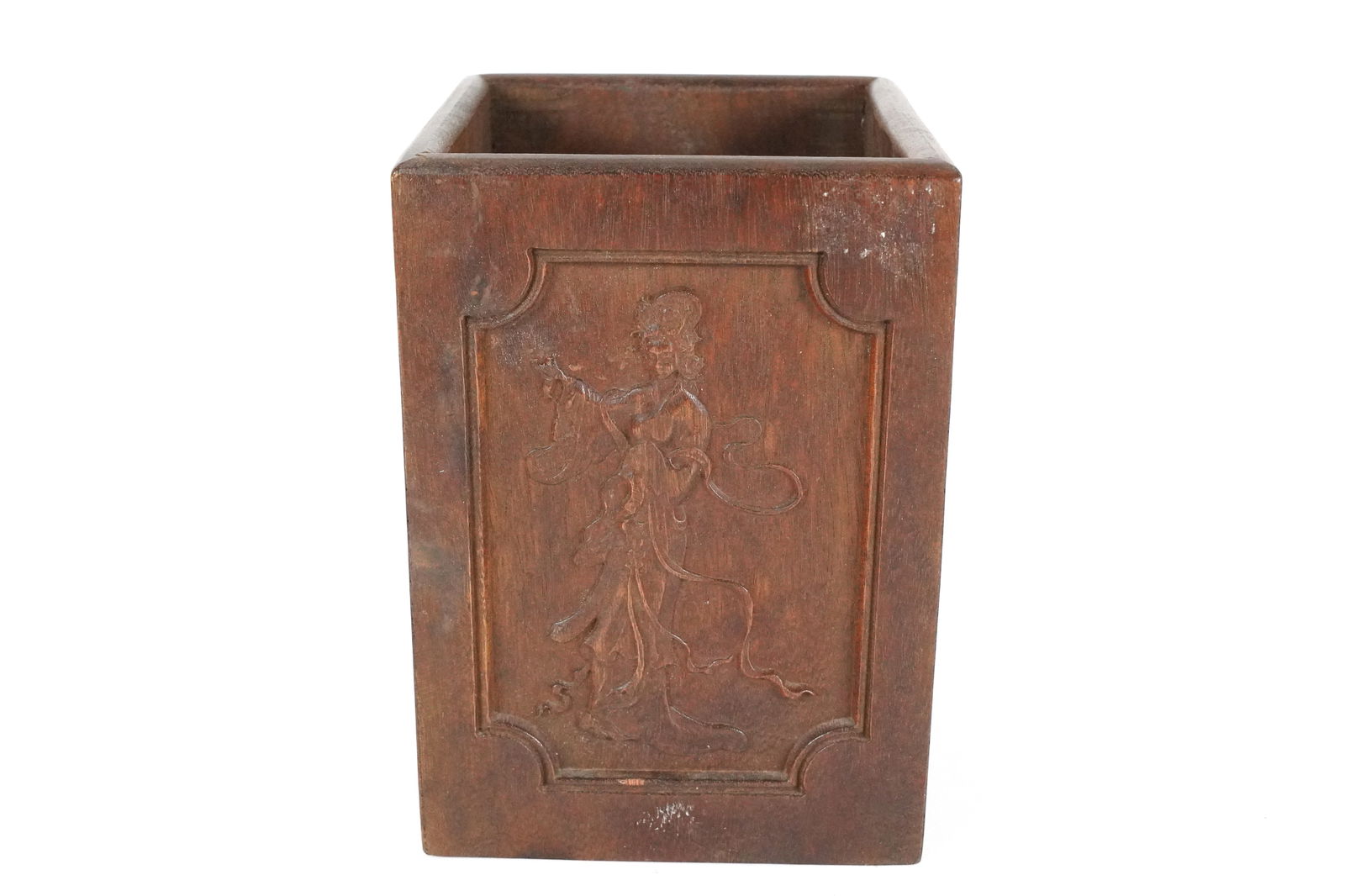 Chinese square brush pot: Chinese square carved brush pot. H: 6.8" x W: 4.5."