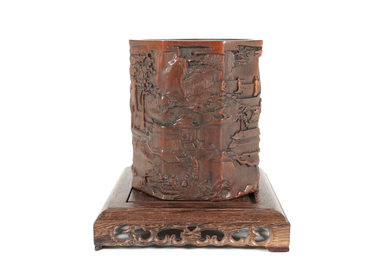 Chinese wooden fine brush pot: Chinese wooden fine brush pot. H: 6" x W: 5.5."