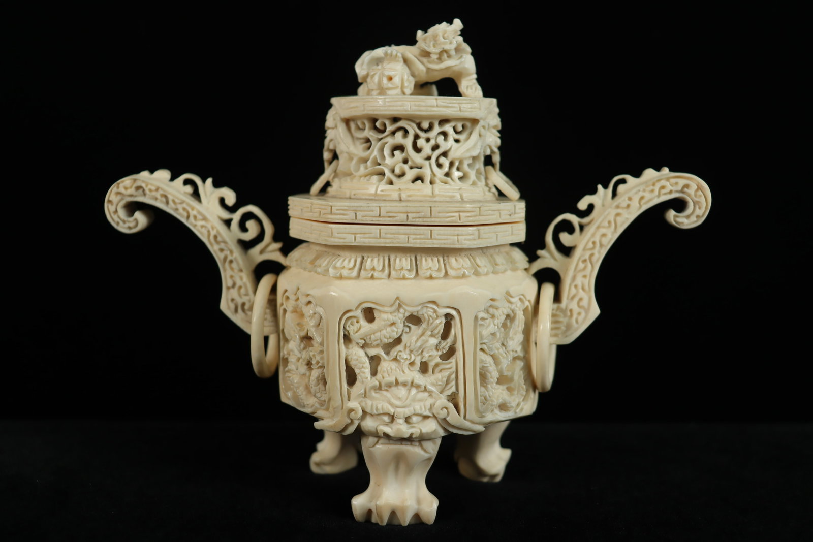 Chinese bone carved censer: Chinese fine antique bone carved censer, with maker's mark. H: 5" x W: 6.25."
