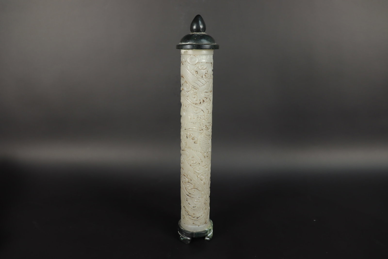 Chinese fine jade pomander: Chinese fine jade carved pomander. H: 11" x W: 2." From a major estate.